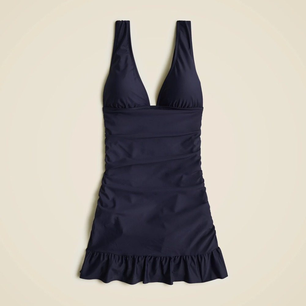 J.Crew One Piece Swimsuit Dress Size 12 Black Ruched V-Neck Modest Beach Pool